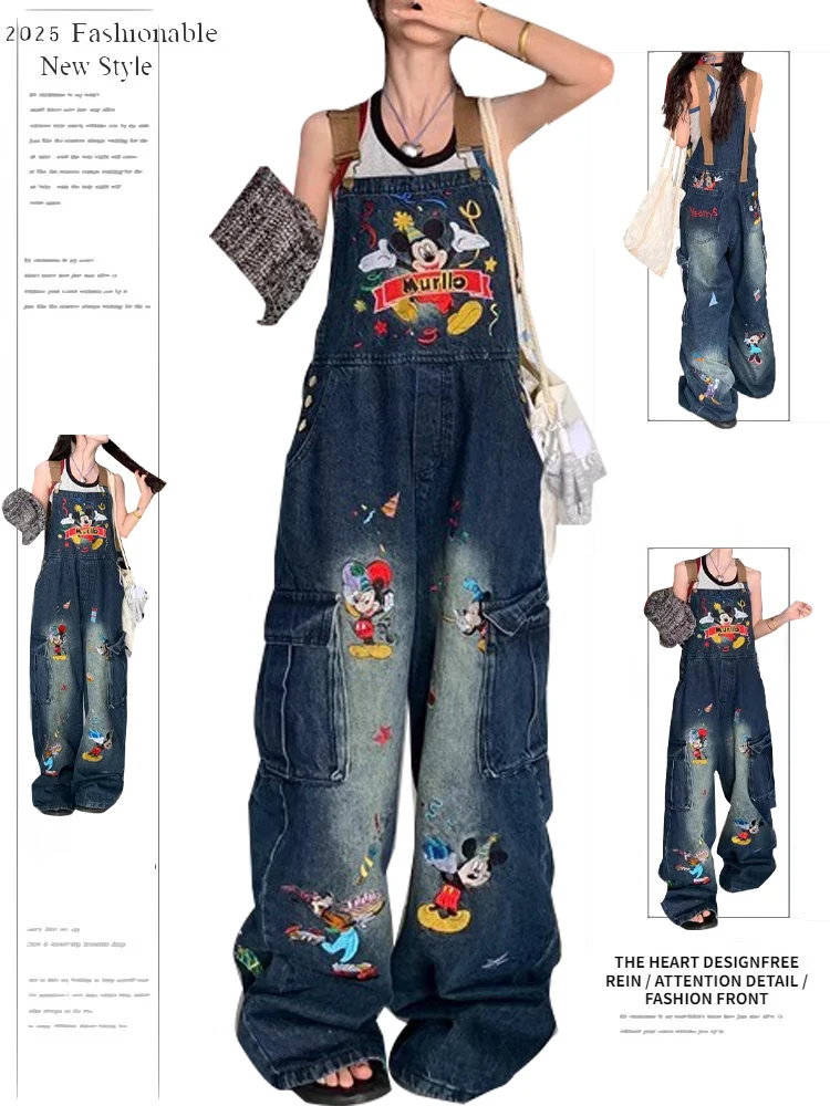 

Джинсовые комбинезоны с вышивкой в стиле ретро, американский мультфильм, женские летние свободные утягивающие комбинезоны с высокой талией, прямые джинсы