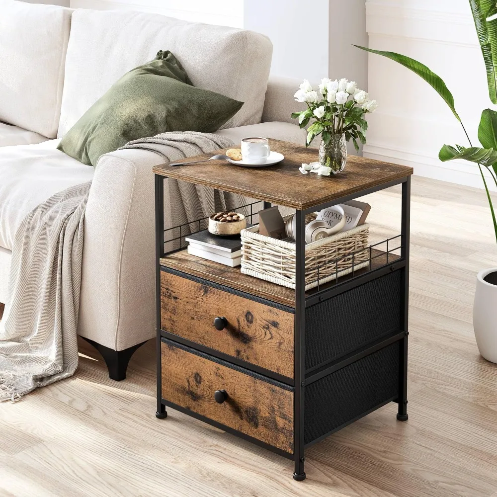 Nightstand Set of 2, Bedside Table with Fabric Drawers and Open Wood Shelf Storage, Industrial Bed Side Table