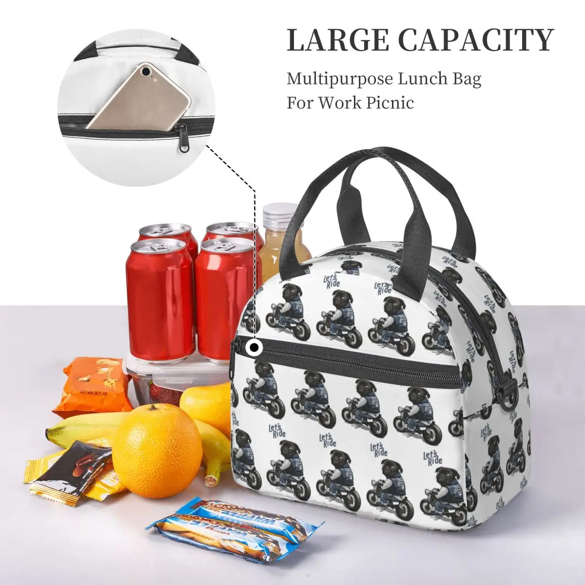 Let's Ride Motorcycle Big Bike Black Pug Dog Insulated Lunch Bag for Women Picnic Storage Food Boxes Cooler Thermal Lunch Box