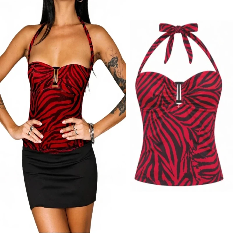 Top estivo da donna con scollo all'americana, ispirato ai film horror, costume cosplay alla moda, stampa a strisce zebrate, top corto sexy senza maniche