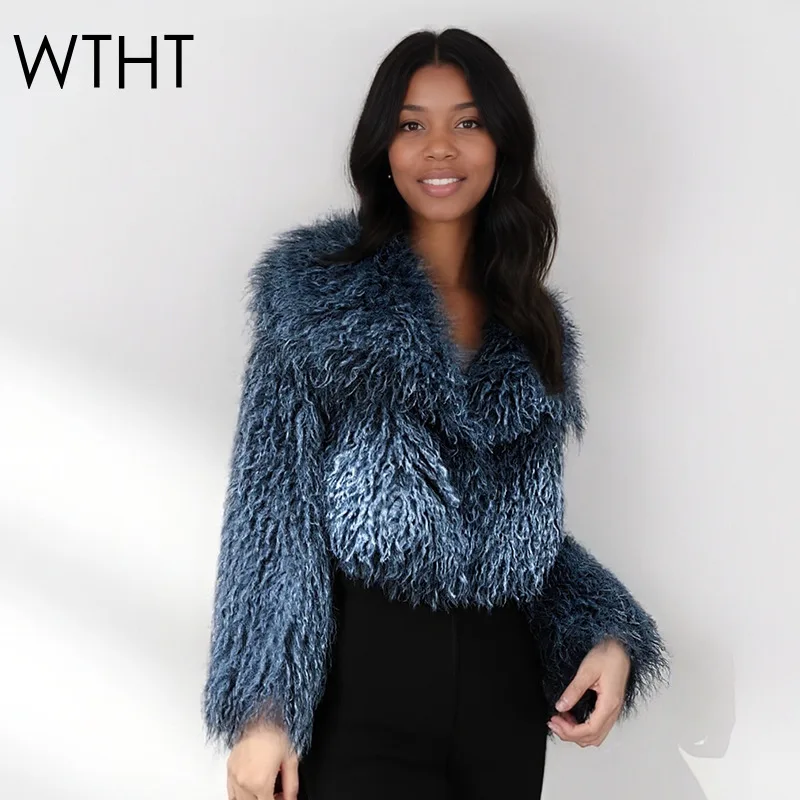 WTHT Fashion New Women's Woolen Faux Fur Plush Jacket 2025 Winter Trendy Lapel Long Sleeves Loose Coat Female 1LS2774