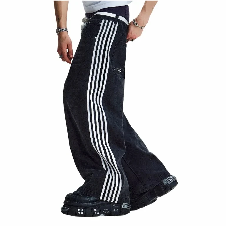 Jeans larghi con grafica a righe Hip Hop pantaloni neri Jeans Y2K da uomo Harajuku pantaloni larghi a vita alta gotici da donna vestiti