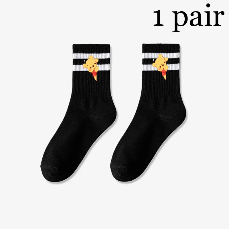 Cute Winnie The Pooh Bear Mid Tube Socks for Women Solid Colour in White and Black Streetwear Harajuku Breathable Casual Socks