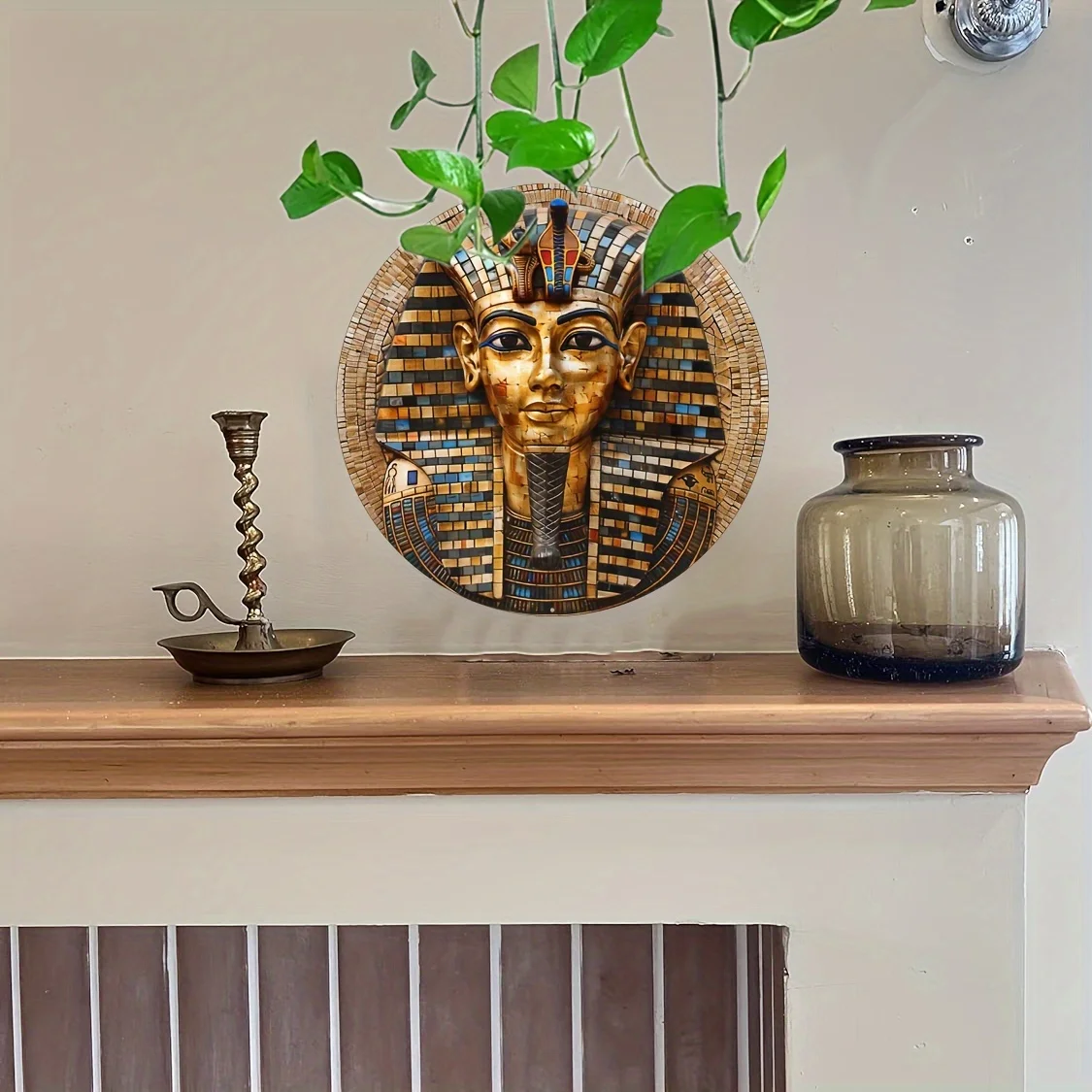 Egyptian Pharaoh Tutankhamun Mosaic Wall Sign: 100% Aluminum Material, 3D Design, 8x8inch, UV Printing, Vivid Colors