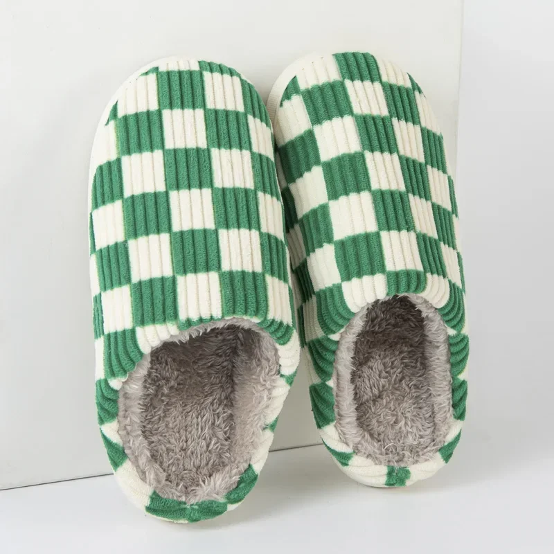 Checkerboard Plush Cotton Slippers for Men Women Anti-skid Winter Thickened Warm Couples Home Shoes New Year Gift