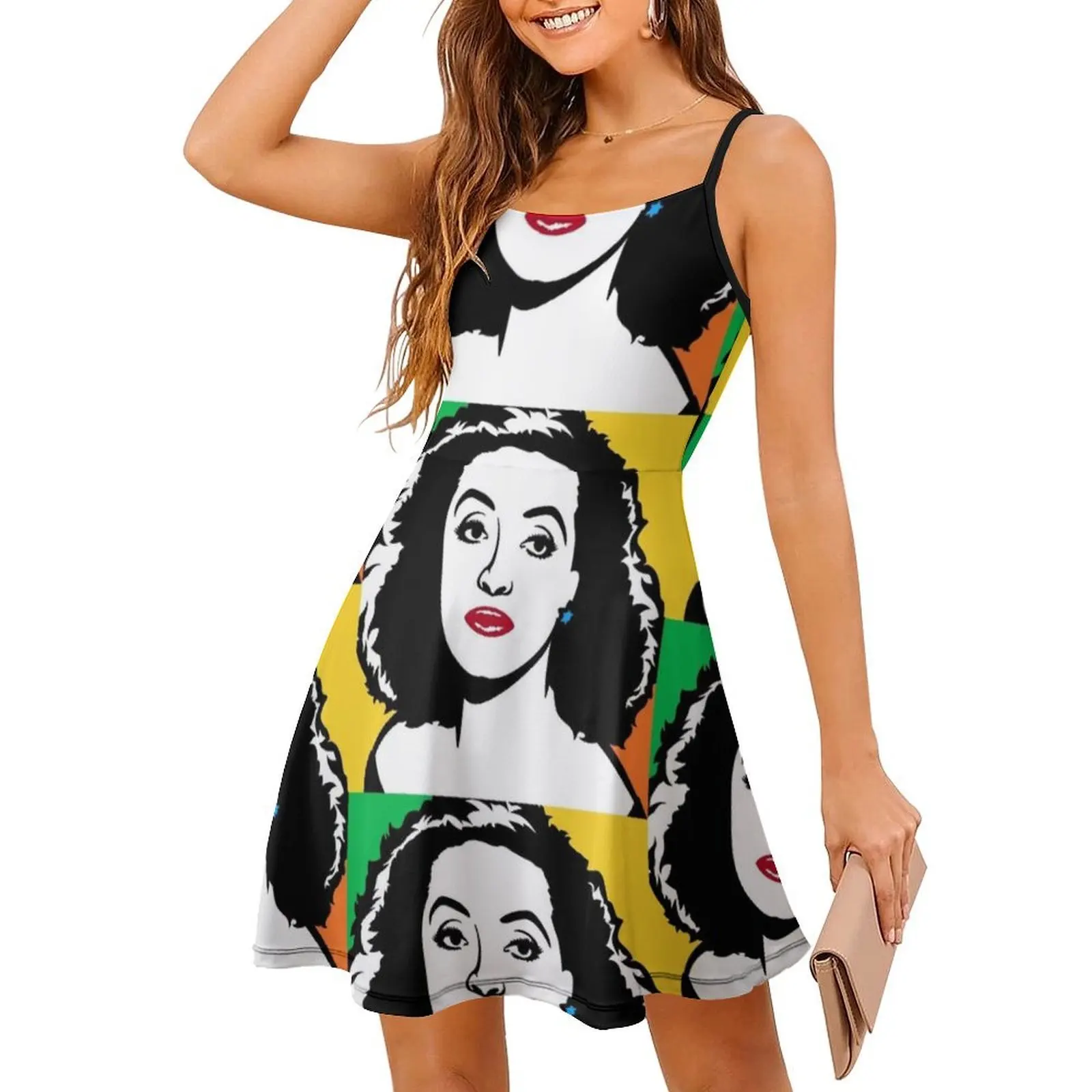 فستان Bette Davis Cartoon Popart بوهيمي بدون أكمام للنساء مطبوع عليه فساتين حفلات الشاطئ Bette Davis Cartoon Popart #3