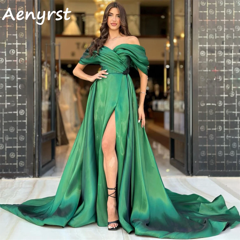 Aenyrst Elegant V Neck Off Shoulder Prom Dresses Satin A Line Split Evening Gowns Floor Length Party Dress Green فساتين السهرة