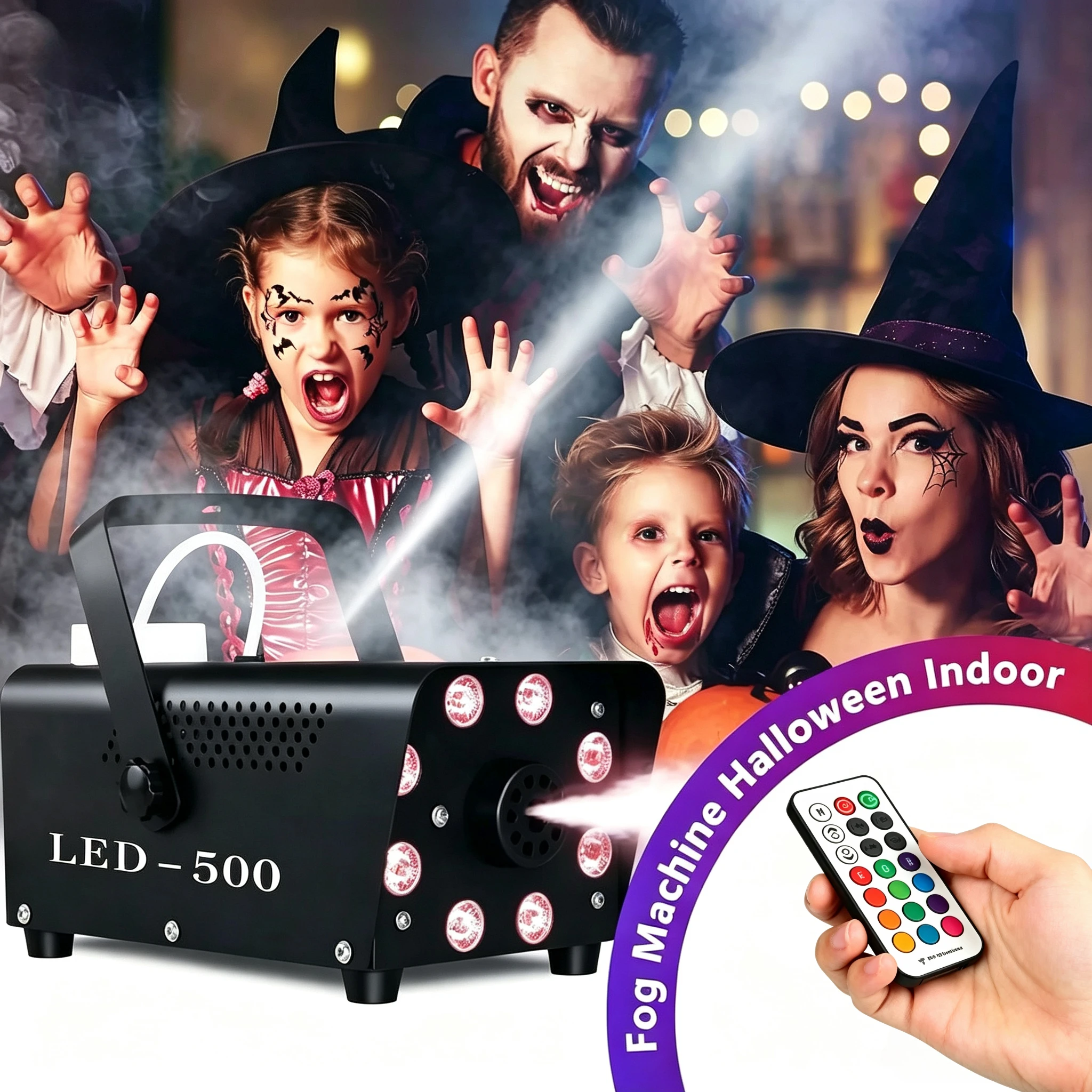 500W Smoke Machine RGB 3/18 LED Mixed Color Fog Machine with Remote Control Stage Smoke Ejector for DJ Halloween Christmas