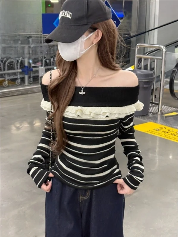 

Fashionable Striped Knitwear Women's Short Shoulder One-Shoulder Base Slim Fit Spring New Style Korean Style Commute Style