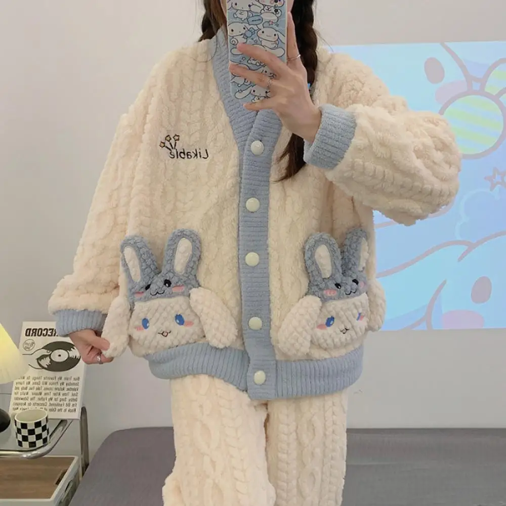 بدلة بيجامات أنيمي كورومي ماي ميلودي من القطيفة Sanrioed Kawaii ملابس منزلية كرتونية للفتيات سترة شتوية من الصوف المرجاني ملابس نوم