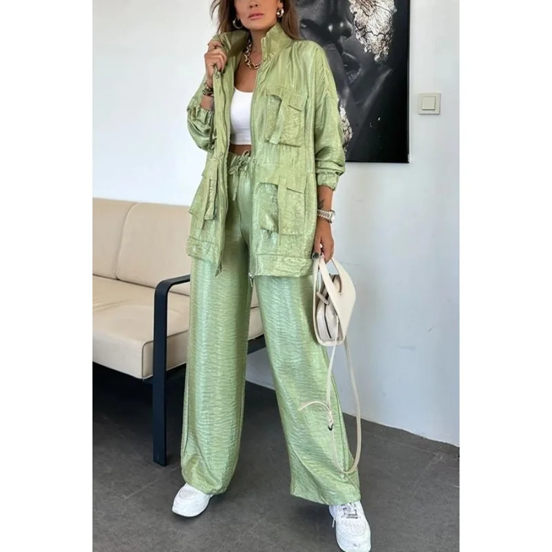 Completo Donna Primavera Autunno Due Pezzi Giacca a Maniche Lunghe Pantaloni a Gamba Dritta Tinta Unita alla Moda con Tasche Casual con Zip e Bottoni