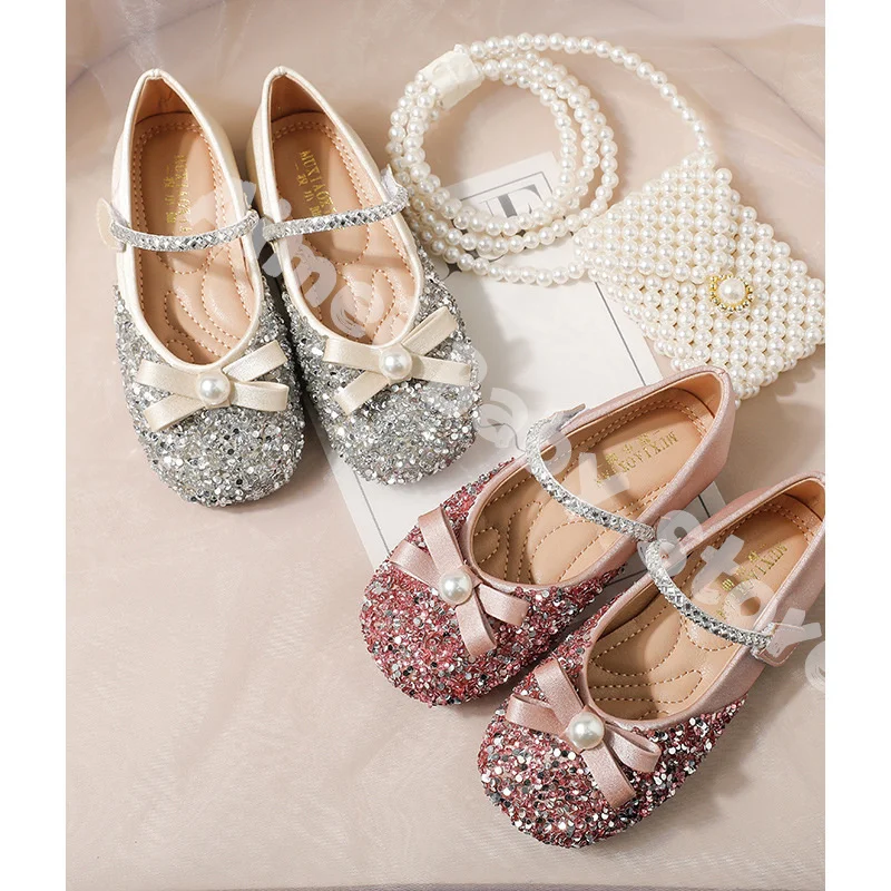 Pink Childrens leather Flat Single Shoes Girls Kids Rhinestone Bowknot Princess Shoes For Wedding And Party Girl Dance Shoes