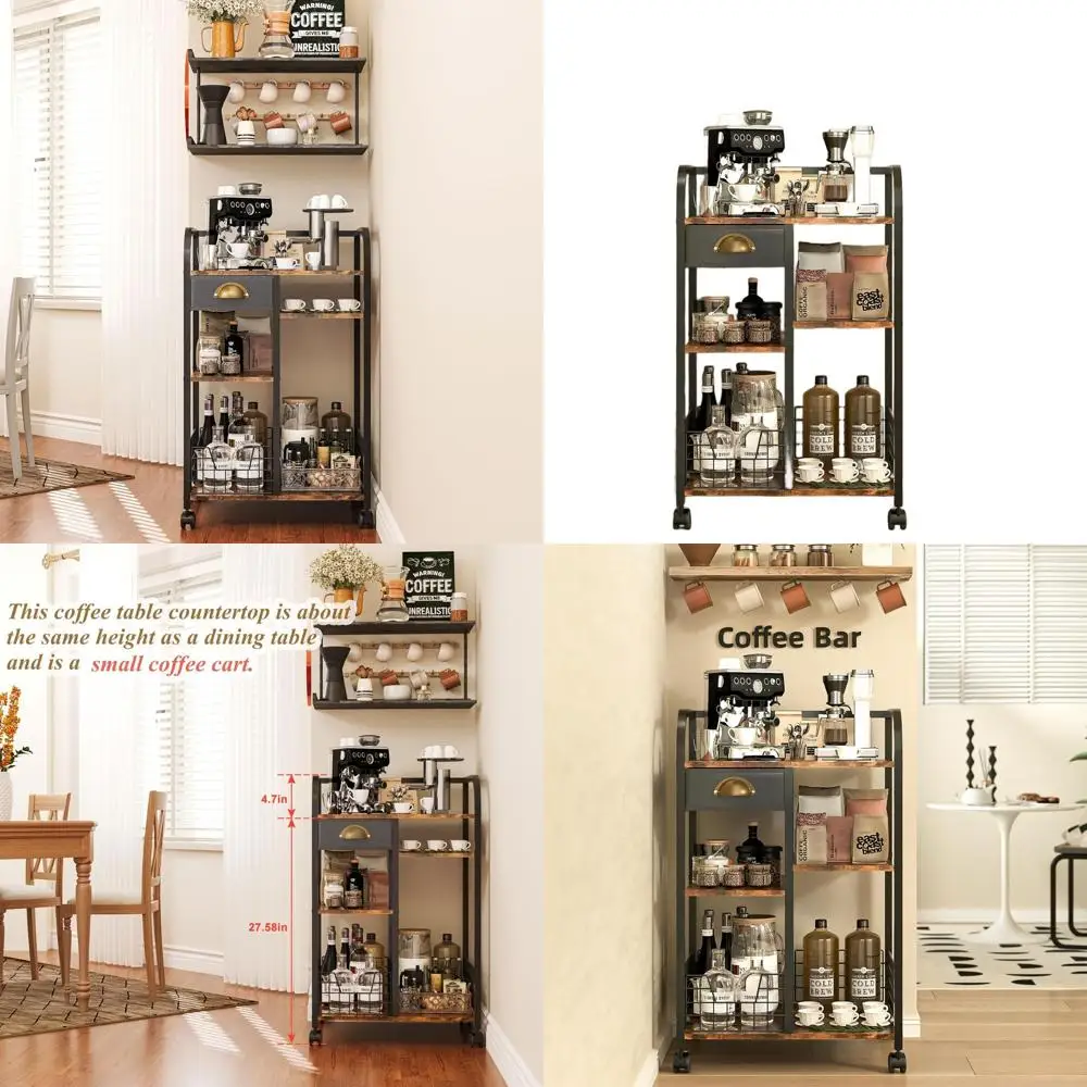 

Портативная тележка для кафе-бара с ящиком для хранения, 4-уровневый регулируемый столик на колесиках, деревянная станция в деревенском стиле для домашнего использования