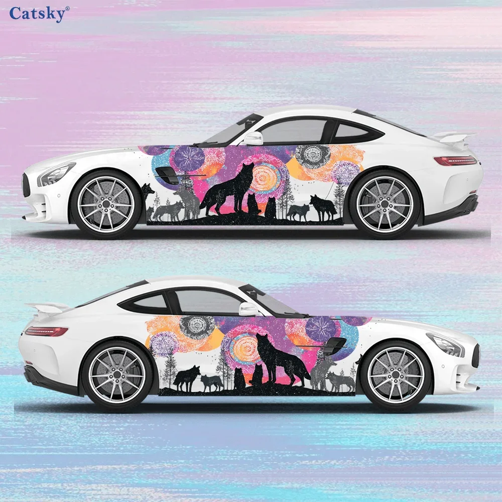 Black Wolf Pack Colorful Mandala Car Side Car Wrap, Self-Adhesive PVC Waterproof & Scratch-Resistant Sticker, Car Accessory Gift view 6