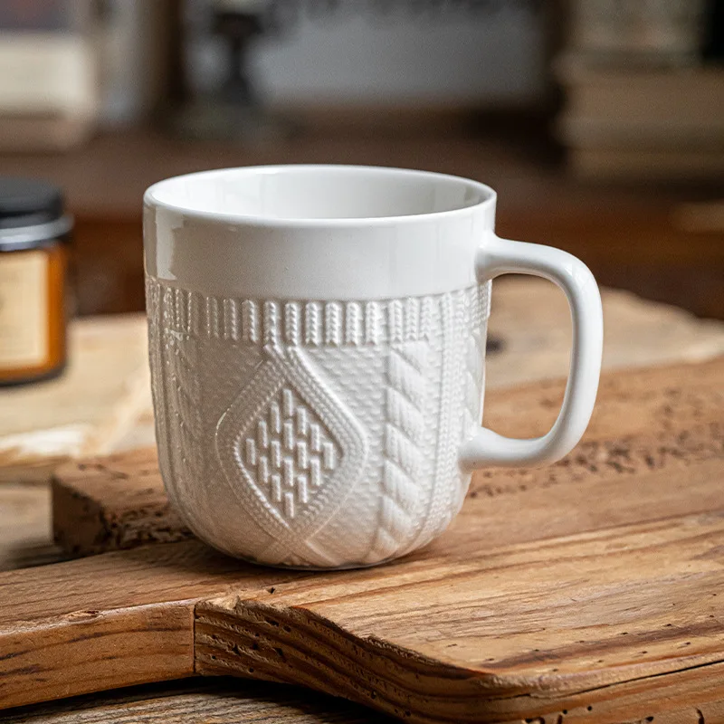 Hot Selling New High-value Mug Creative Coffee Cup White Relief Ceramic Cup for Home Use Coffee Mug