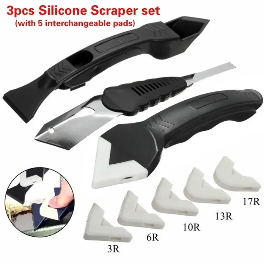 3 Pcs Set New Silicone Scraper Caulking Grouting Tool Sealant Finishing Cleaning Kit Kitchen Window Cleaner Scraper Set Remover