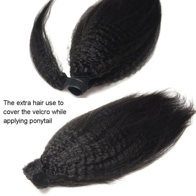 Kinky Straight Ponytail Human Hair Extension Wrap Around Ponytail Long Ponytail Clip In Hairpiece #1b Natural Black For Women