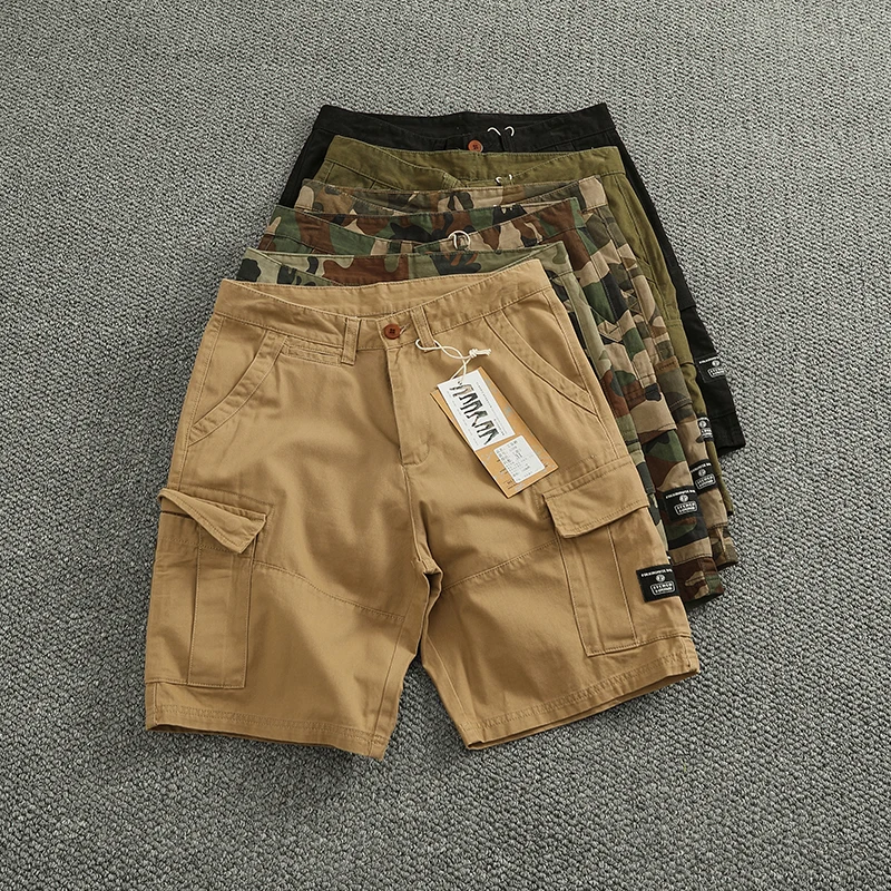 Vintage Twill Woven Cotton Medium Thick Summer Shorts Men's Fashion Multi-pocket Cargo Camo Medium Quarter Pants