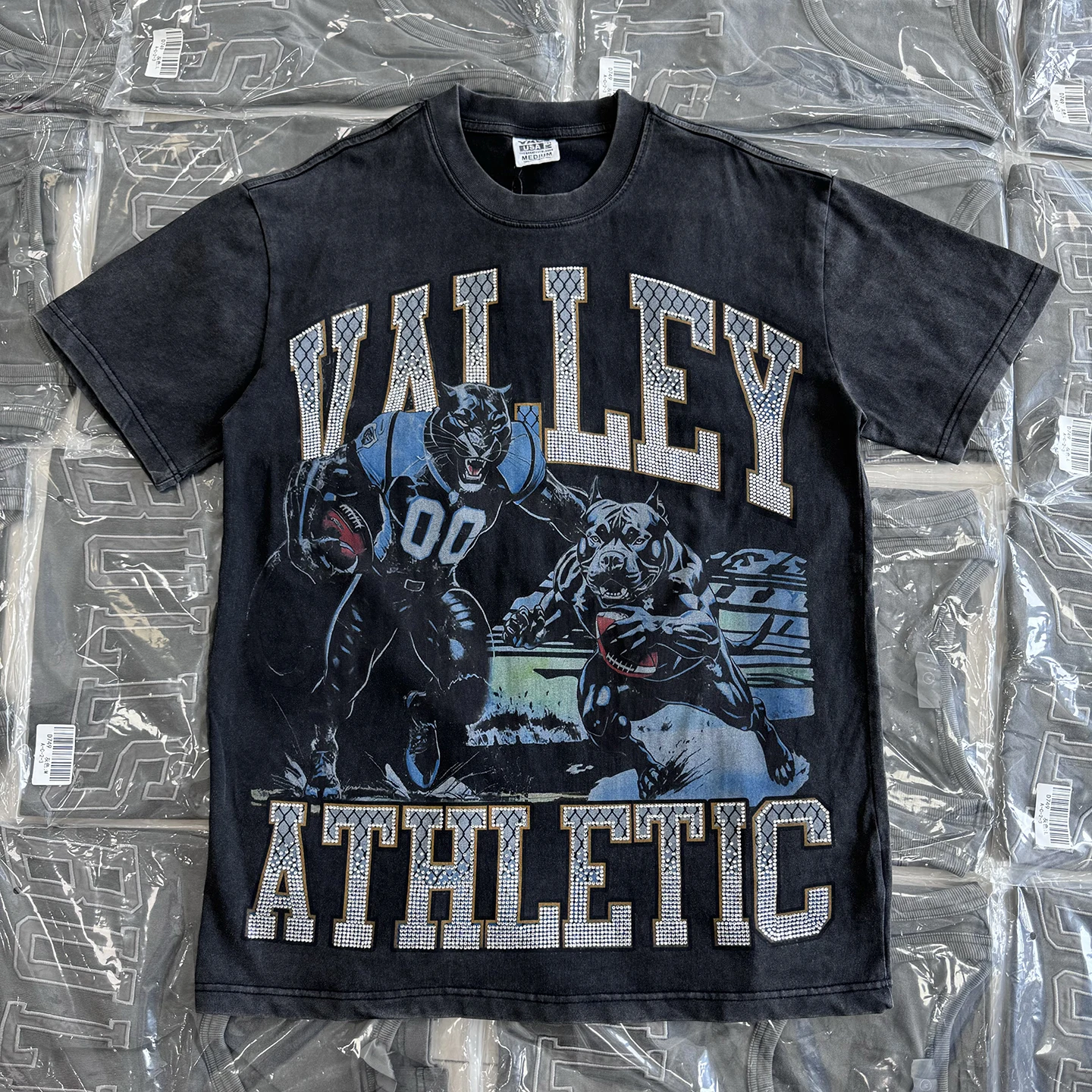 

Retro American Cartoon Letter Print Rhinestone ex Oversize ort Sve T-irt Trendy round Ne Casual Summer Top