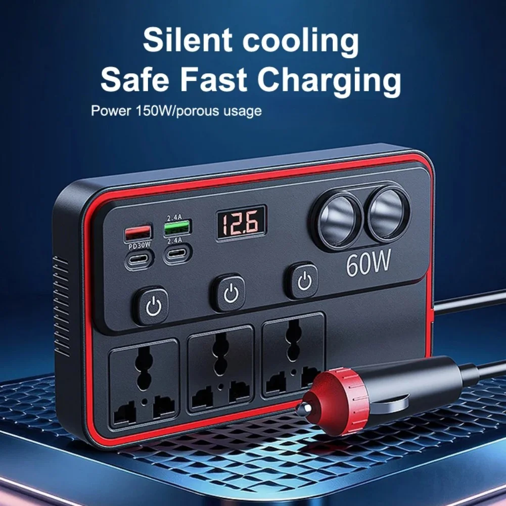 Reliable 150W Car Inverter for 12V 24V DC Input Converts to 220V AC 3 Outlets 4 USB Ports with LED Voltage Screen