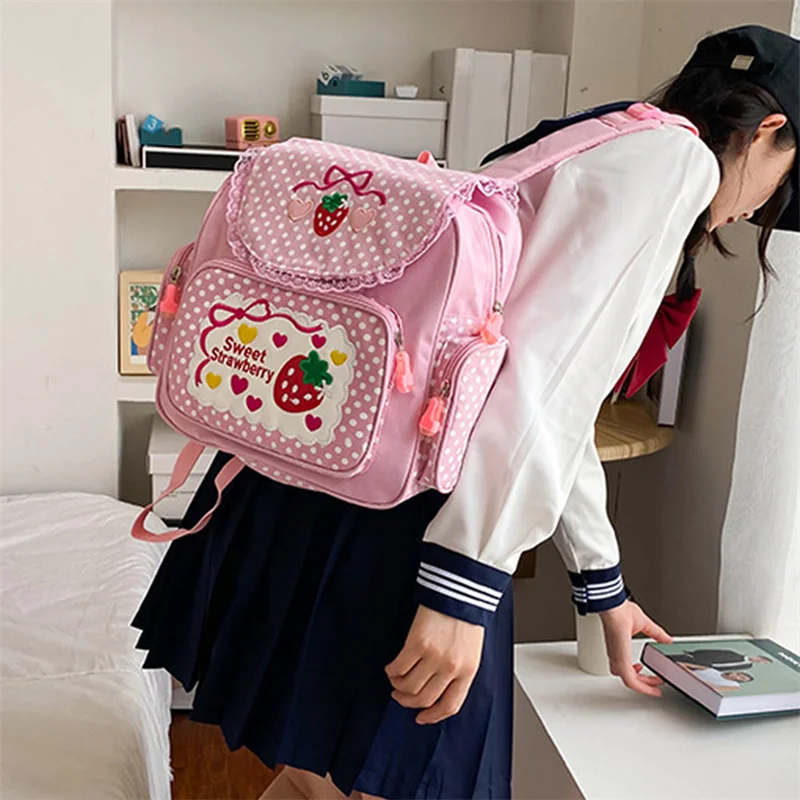 Kawaii Kids School Bag Cute Strawberry Embroidery Student Mochila Dots Multi-Pocket Nylon Fashion College for Teenager Girl