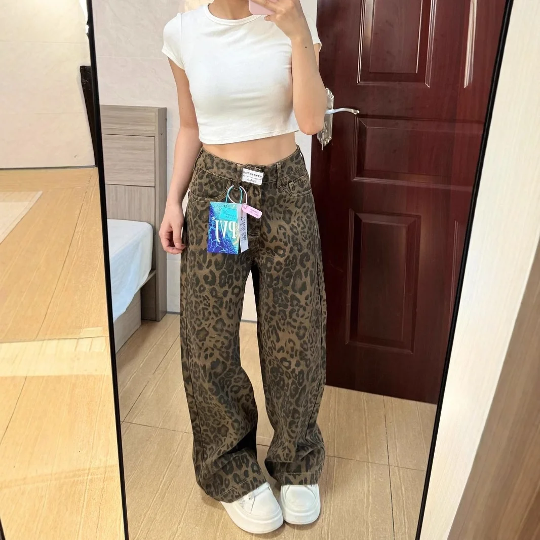 

High Waist Straight Leg Leopard Print High Street Denim Jeans Women's Loose Fit Fall New Style Commute Personality Cotton Denim