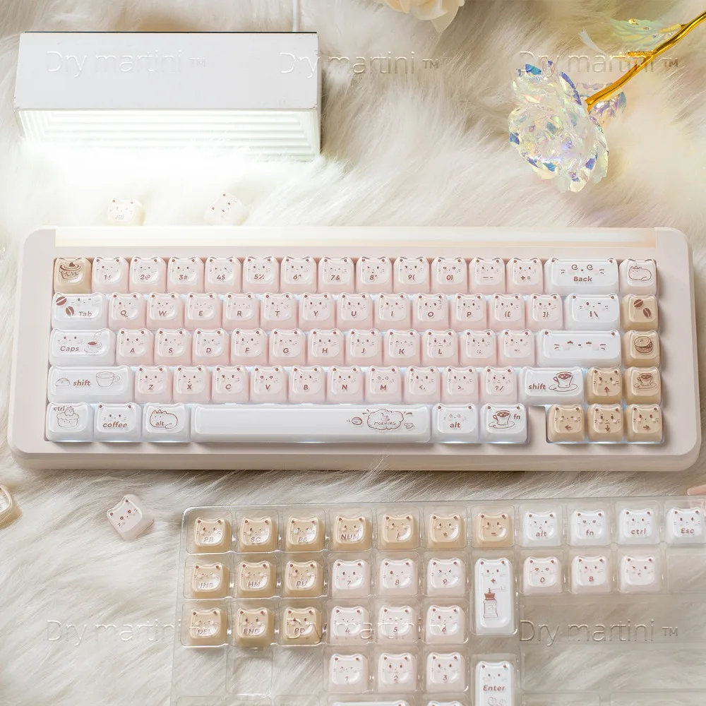 Coffee Cat MAO Crystal Keycap PC Two-tone Jelly Pudding Warm Color Cat Ear Keycap for Mechanical Keyboard Gaming Accessories