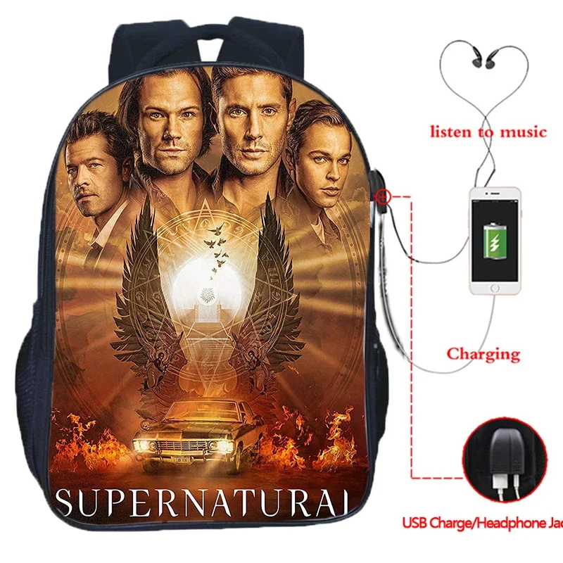 

Supernatural Evil SPN Print Schoolbag Teens Travel Backpack Large Capacity USB Laptop Bags Mochila Students Back To School Gift