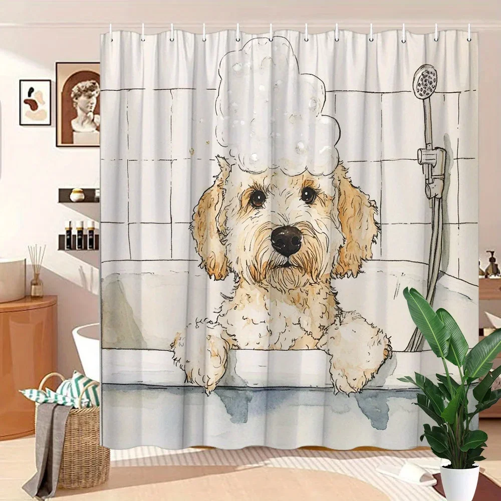 ~O~Curly-Haired Dog Shower Curtain - Watercolor Design, Washable Polyester, 12 Hooks, 70.8x70.8 Inches, Easy Installation