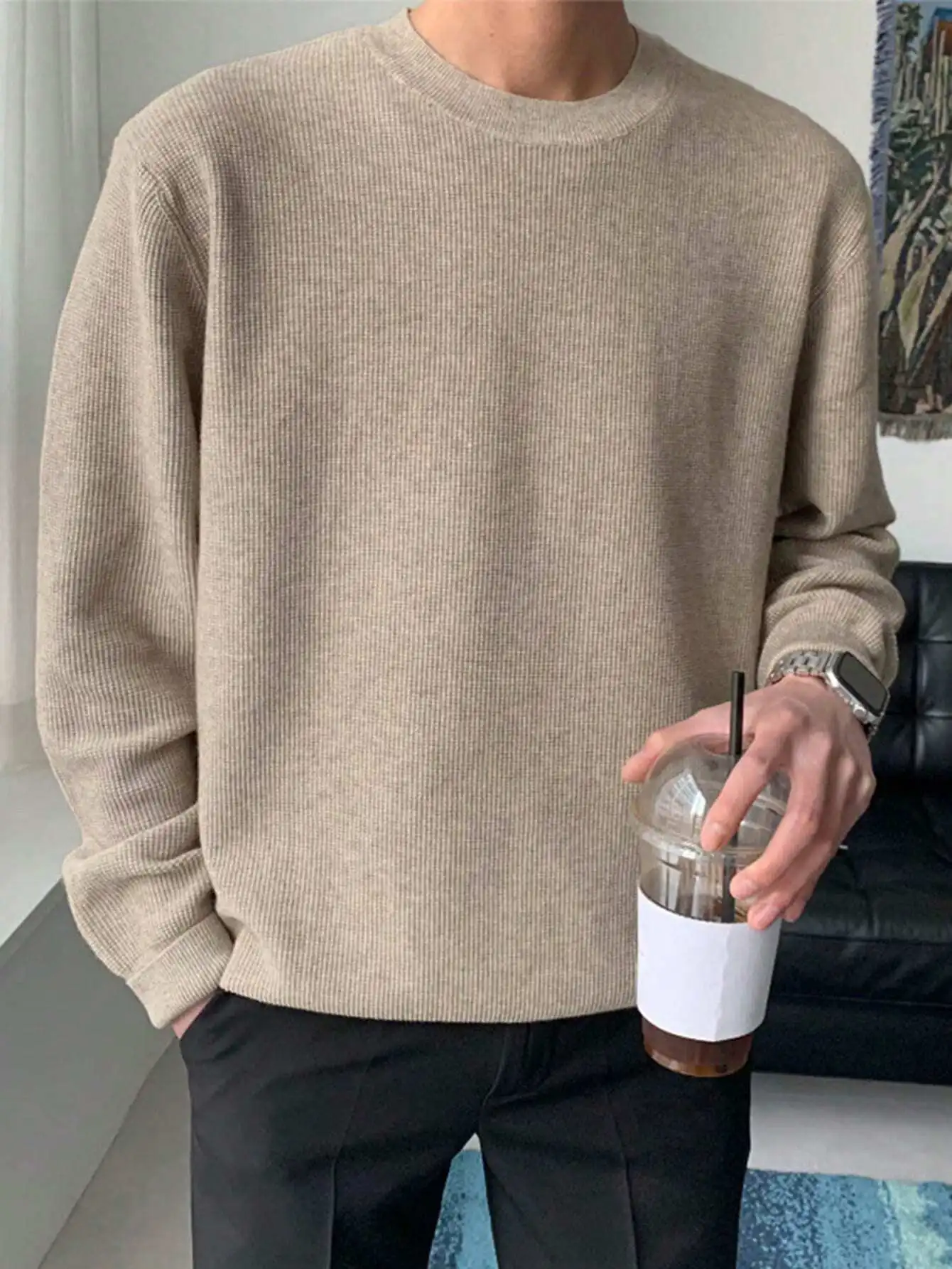 

Men's Solid Crewneck Long Sleeve Knit Sweater for Fall Winter Casual Wear