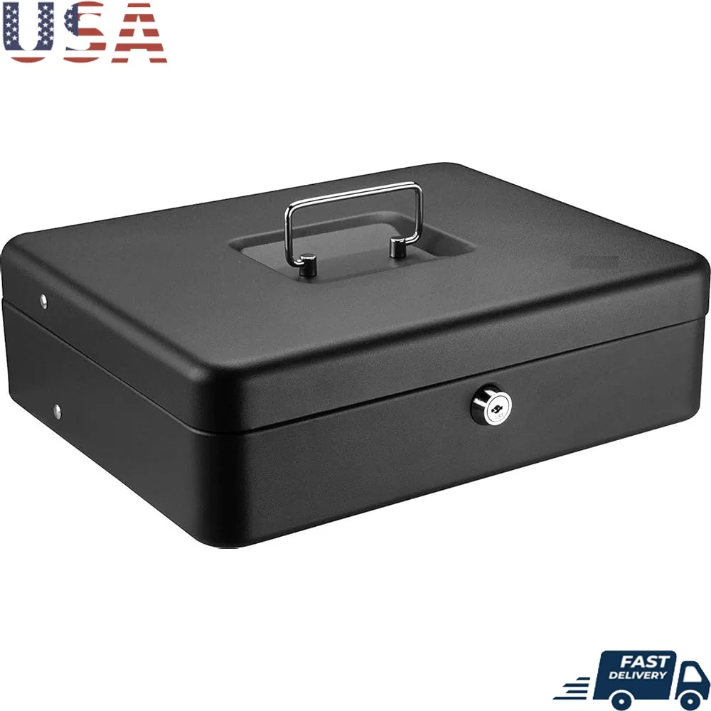 

Portable Cash Box with Key Lock and Carry Handle Money Saving Safe with Cash Tray Two Keys Included 0.21 Cu Ft