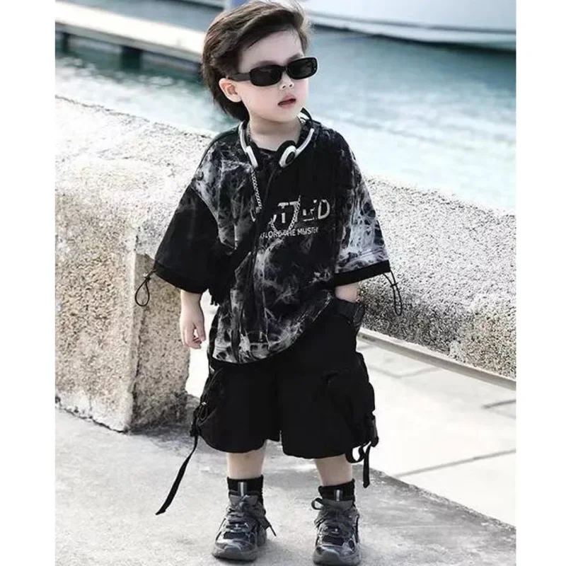 Boys' Summer Sets T-shirt Shorts Personalized Washable Old Round Neck Tops Korean Style Tie-dye Street 2024 Handsome Tees Suits