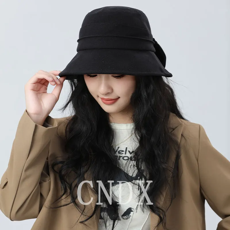 

Women's Pleated Edge Bucket Hat Autumn Winter Warm Fashion Fisherman Caps Large Fashion Ladies Outdoor Casual Bowknot Caps