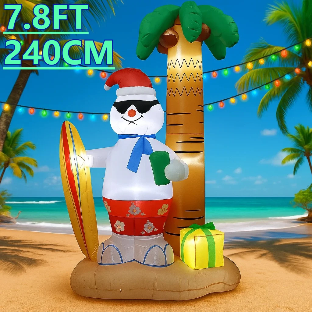 

7.87FT Inflatable Beach Snowman Palm Tree Surfboard Toy Festive Gift LED Lit Xmas Yard Decoration Christmas Supplies Home Decor