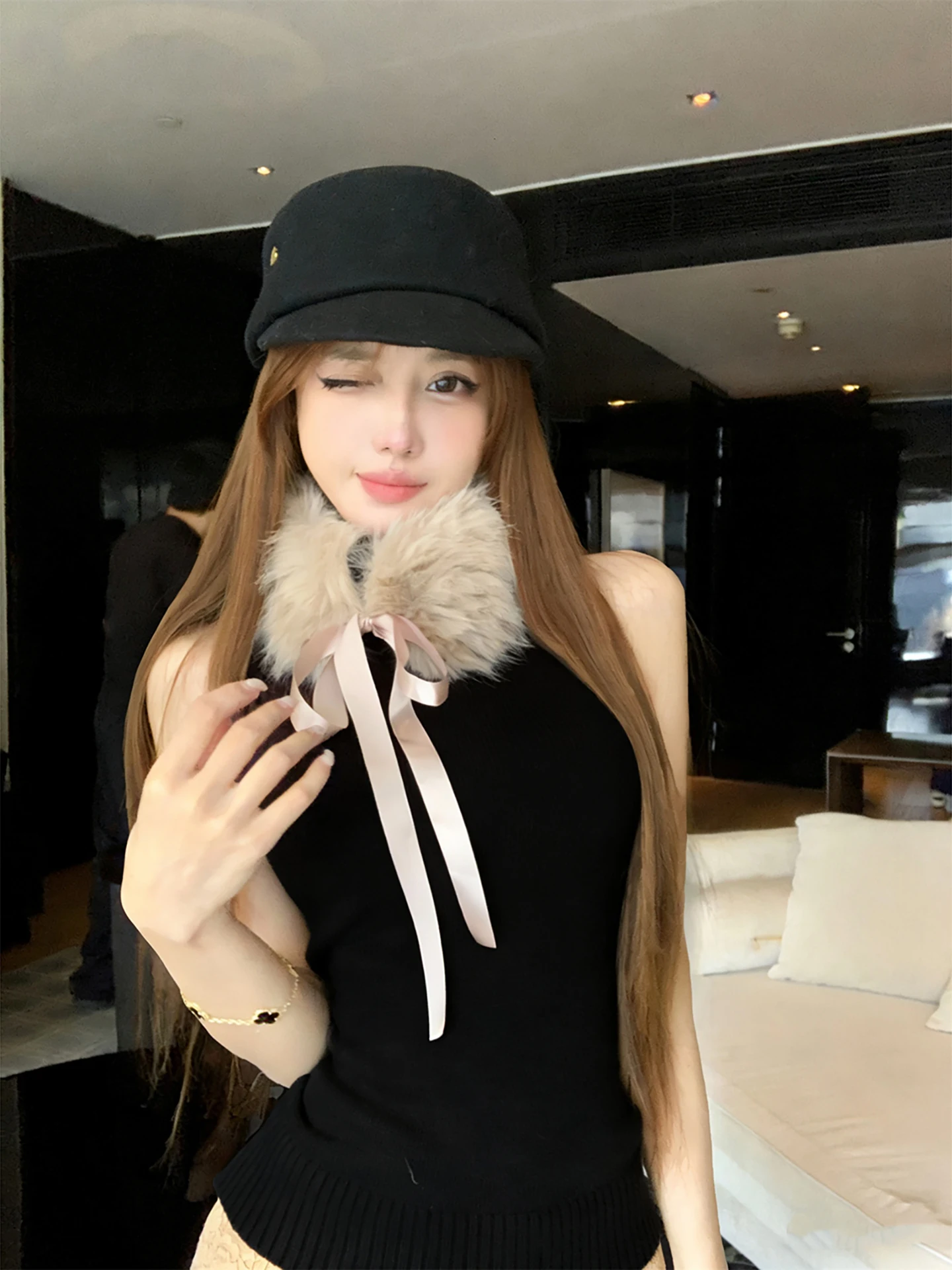 

Knitted Fur Vest Women's Autumn Winter Slimming Sexy Pure Desire No Sve irt Collar Casual Sle ort Length Coat