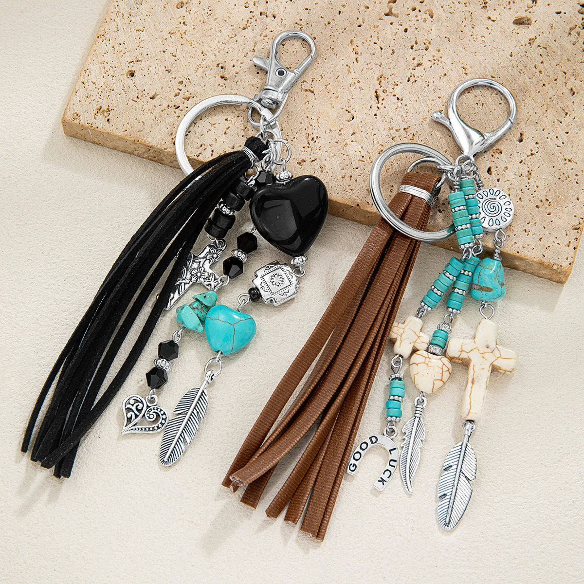 2 fashionable retro turquoise cross heart-shaped long pendant tassel bead keychain bag chain car keychain