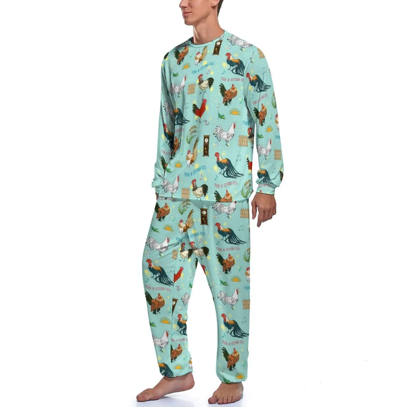 Pretty Cartoon Chicken Pajamas Autumn Cute Roosters Leisure Nightwear Man 2 Pieces Design Long-Sleeve Cute Pajama Sets