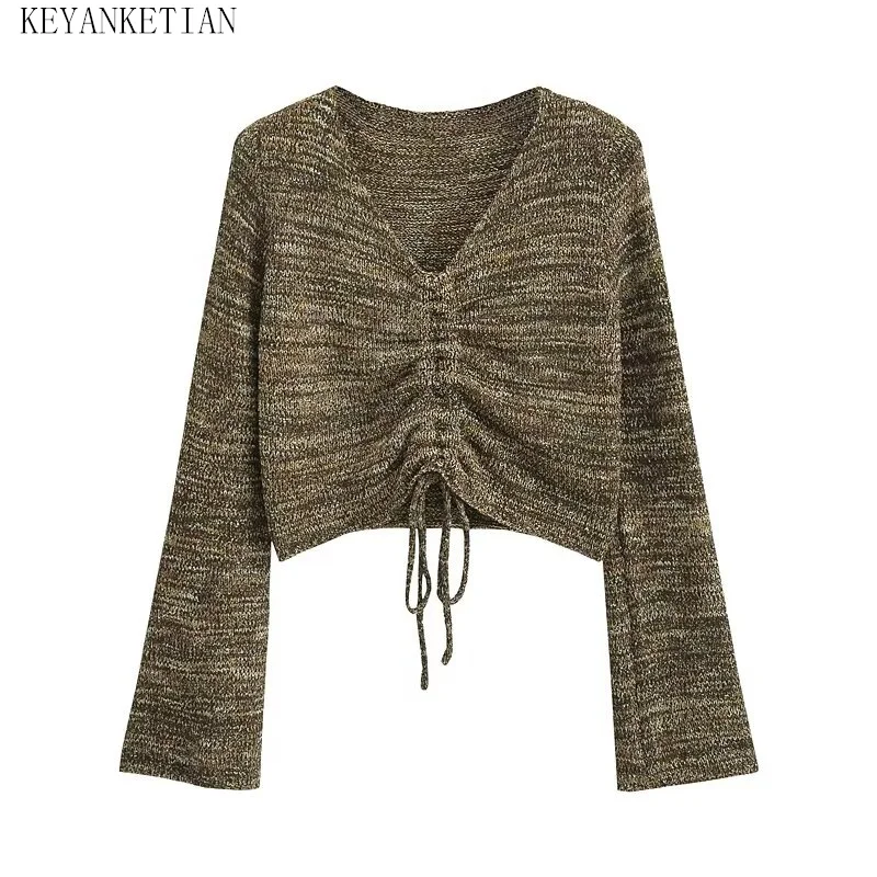 

KEYANKETIAN 2024 New Launch Women's Tie Dye Knitwear Spring Drawstring Lace Up Slim V-Neck Long Sleeve Thin Sweater Crop Top