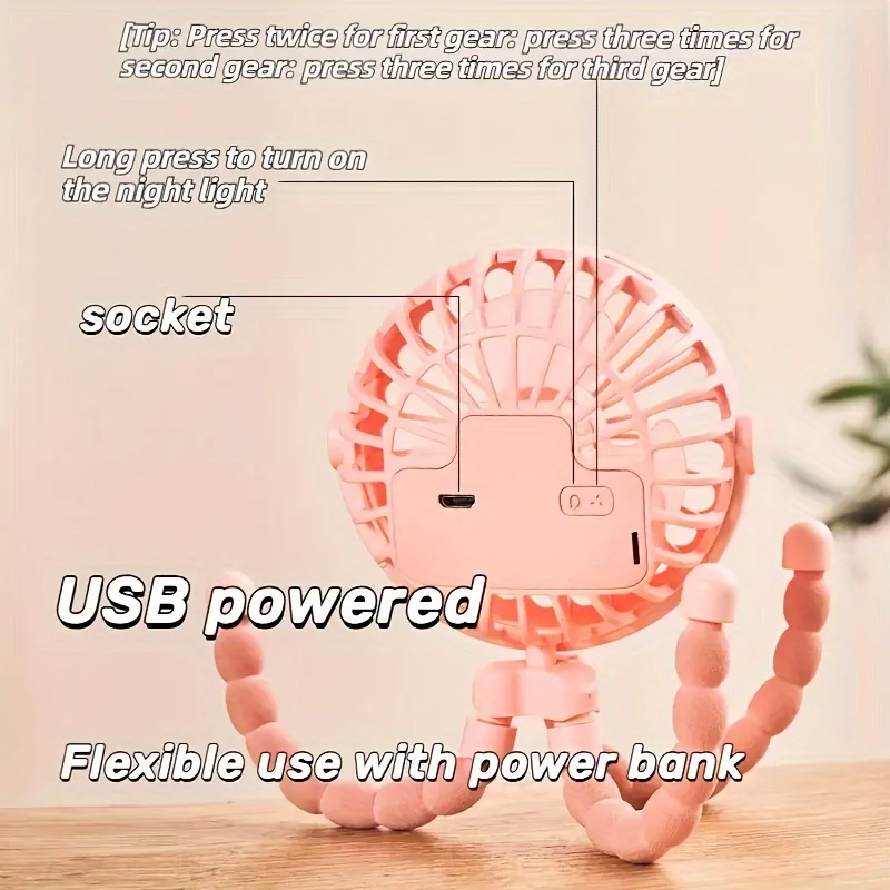 Tragbarer, flexibler Stativventilator, USB-wiederaufladbarer Mini-Oktopus-Ventilator, extrem leise, für Kinderwagen, Autositz, Reisen, tragbarer Ventilator mit 3 Geschwindigkeitsstufen – Detail 2