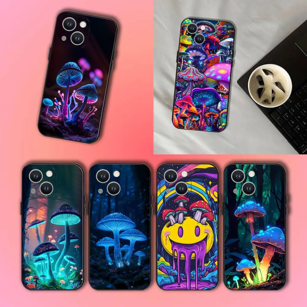 

Trippy Art Mushroom Black Soft Cover Phone Case For iPhone 17,16,15,14,13,12,11,Pro,Max,Plus