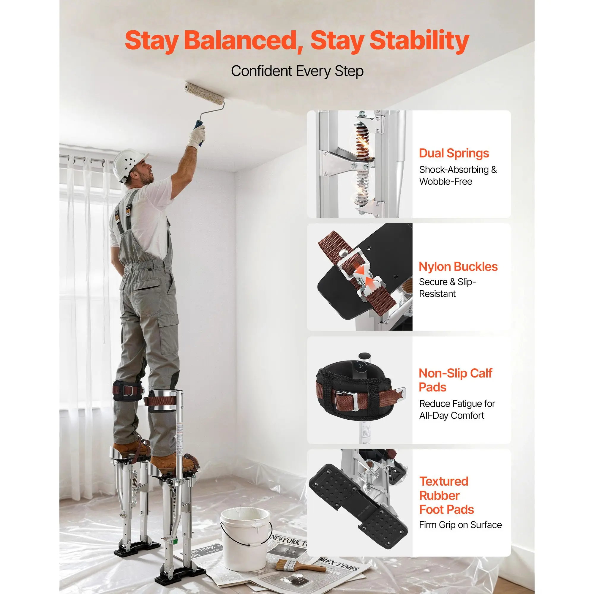 Drywall Stilts, 16.1–24.1 in Adjustable Aluminum Painter Stilts, 228 lbs Load Capacity, Non-Slip Rubber Feet, Dual Spring Shock