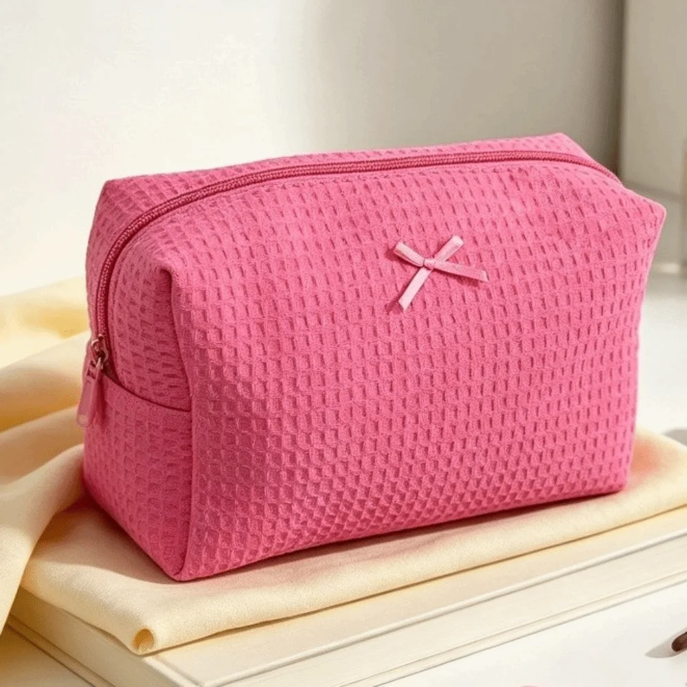 Essential Bow Decor Waffle Knit Makeup Bag Zipper Large Capacity Cosmetic Bag Lightweight Polyester Toiletry Organizer Women