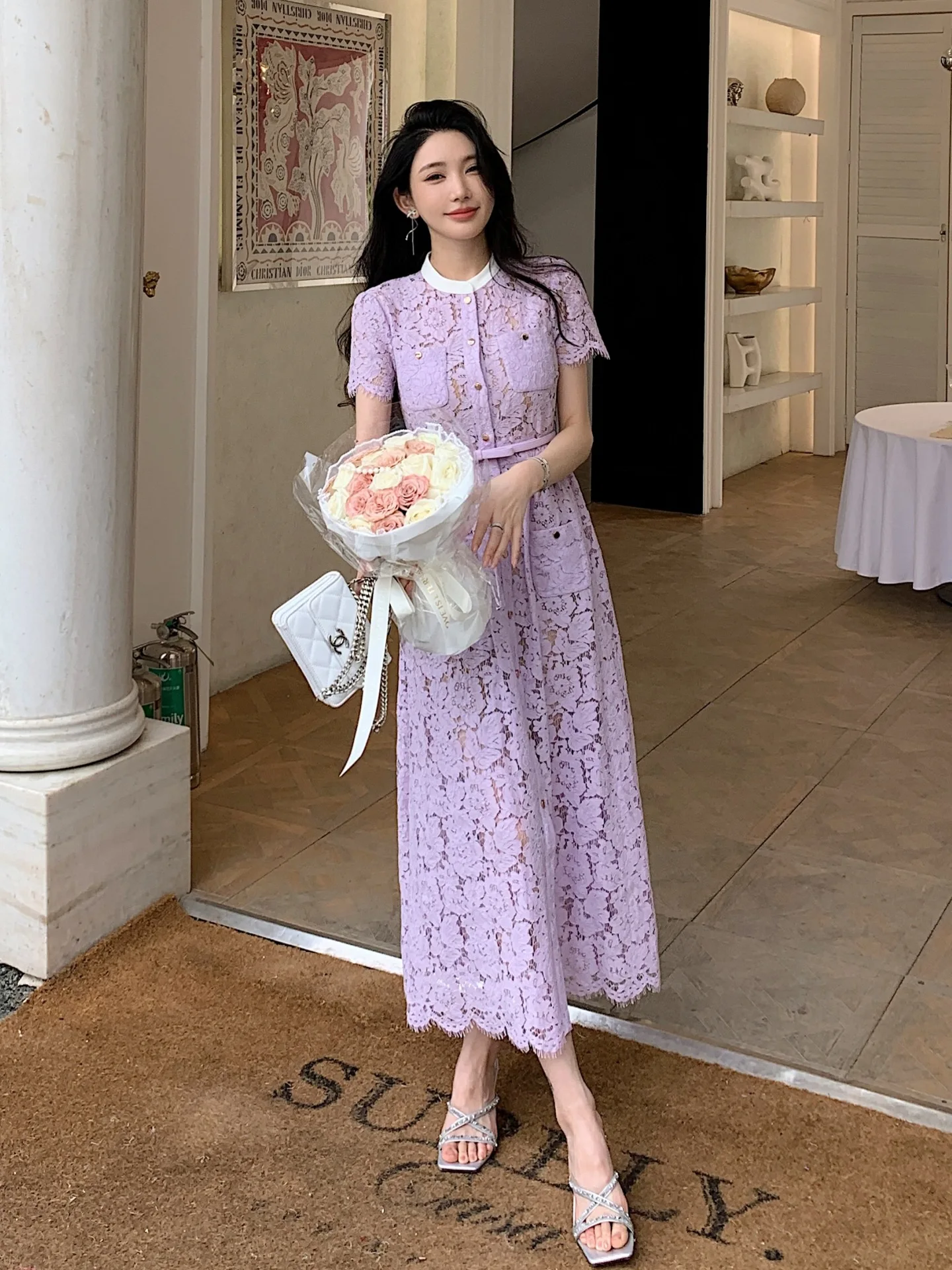 Lace Long Dress 2025 Summer Party Events Women Pocket Belt Patchwork Button Front Short Sleeve Purple Elegant Maxi Dress Prom