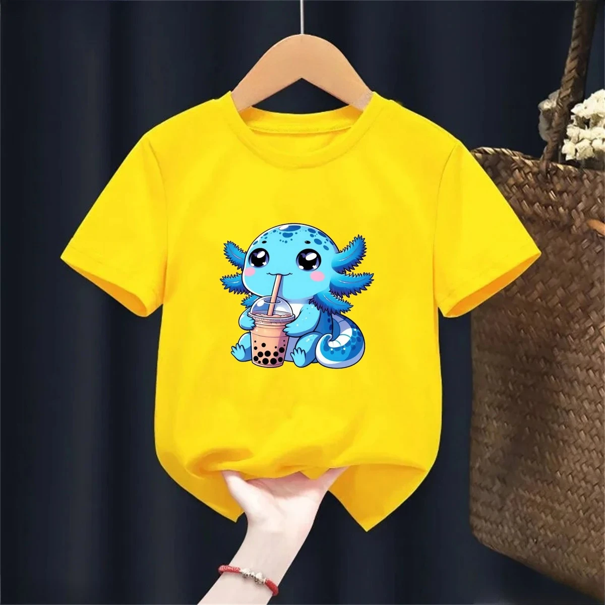 New Cute Axolotl Drink Boba Tea Funny Kids T Shirt Girls Tshirt Summer Boys Clothes Fashion Tops Children Short Sleeve T-Shirt