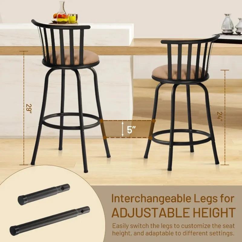 Adjustable Classic Barstools Set of 2, Country Style Bar Chairs with Back and Footrest Swivel Counter Height，24/29 Inch