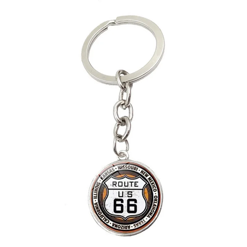 Route 66 Sign Keychain New Fashion Glass Cabochon Pendant Key Ring Men Women Motorcycle Car Bag Accessories Charms Friend Gift