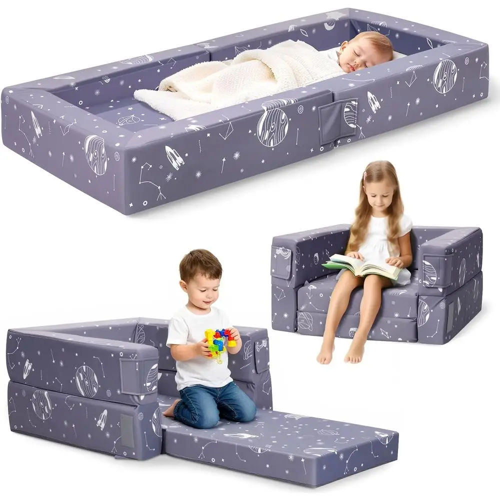 

3-in-1 Portable Toddler Travel Bed, Flip Open Sofa Lounger with High-Density Foam for Camping & Indoor/Outdoor Use, Convertible