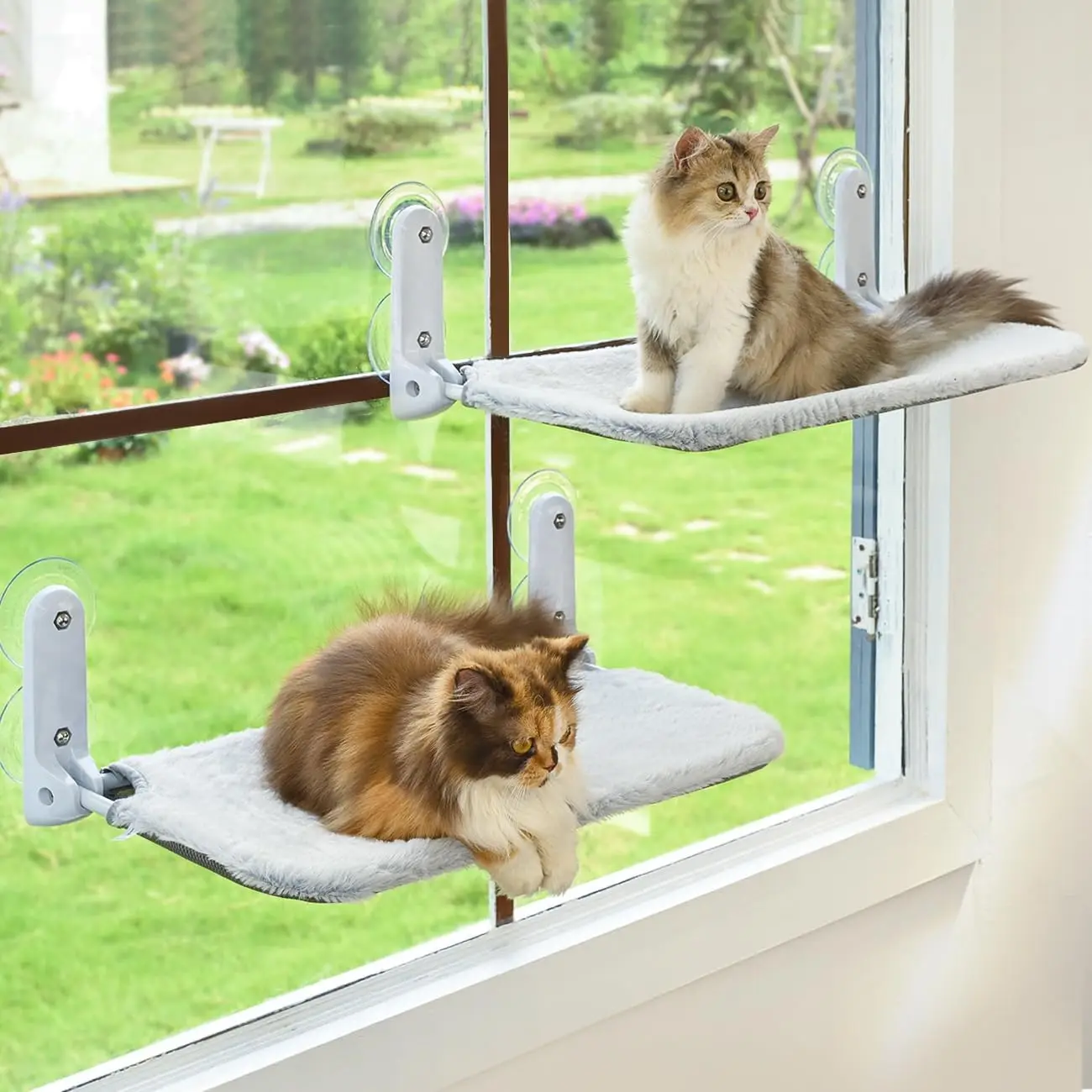 Zoratoo 2PC Cat Window Perch Cordless Foldable Cat Hammock Bed for Window with Metal Frame and Reversible Cover, Large Suction C