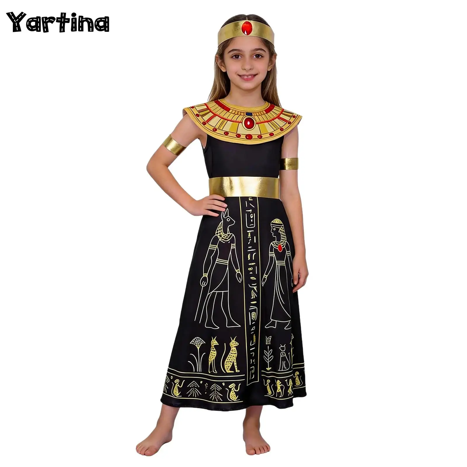 

Girls Egyptian Pharaoh Queen Cosplay Dress Outfit Pattern Dress Wrist Bands And Headband Halloween Princess Performance Costumes
