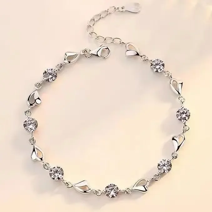 

925 Sterling Silver Zircon Love Heart Shaped Bracelets Crystals for Women Valentines Gift Wedding Party Cute Jewelry 8inches